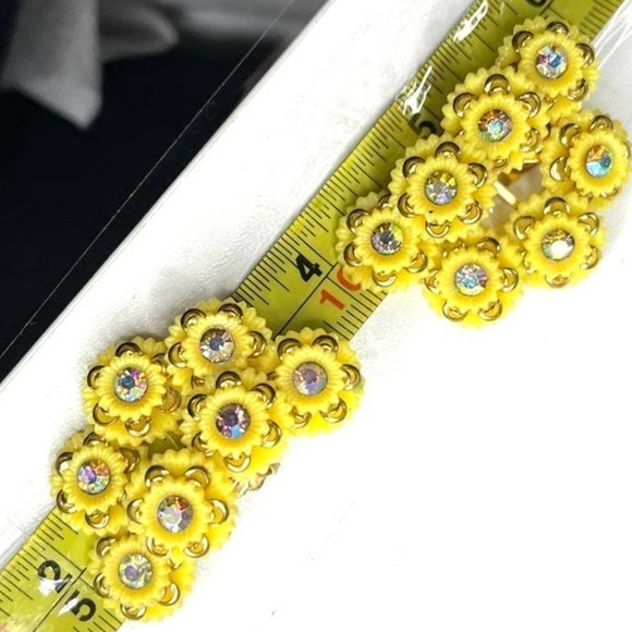 VINTAGE Earrings Yellow Celluloid Climbers AB Rhinestone Vtg Jewelry Clip AU01 - Picture 2 of 3